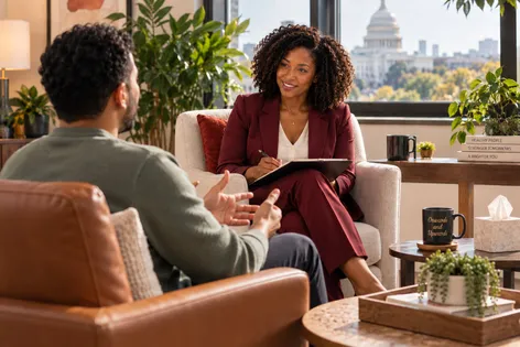A Black woman clinician in a maroon suit taking notes opposite a client in a green sweater, the US Capitol dome visible through the window behind her.