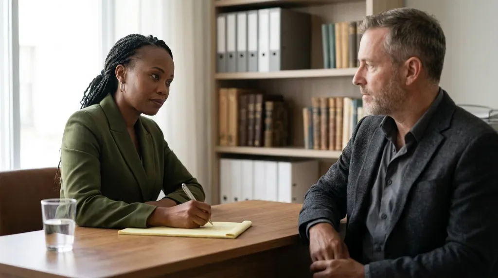 Dr. Gillon-Wright taking notes across a table from a man during a forensic interview