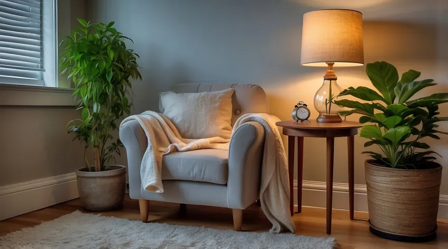 A cream armchair with a folded throw, beside a lit lamp and potted plants in a softly lit room
