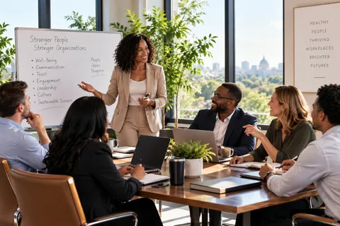 A woman in a beige suit presenting at a whiteboard headed Stronger People, Stronger Organizations to five colleagues seated around a boardroom table