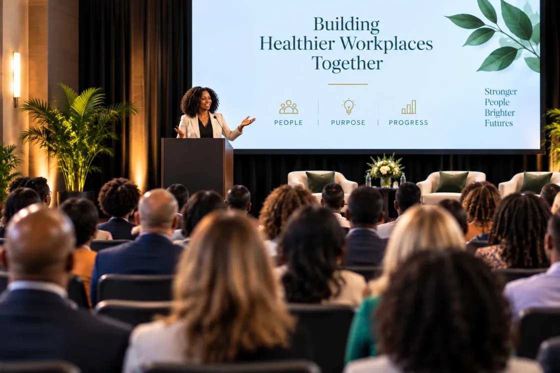 A speaker at a podium addressing a seated audience, the slide behind her reading “Building Healthier Workplaces Together”