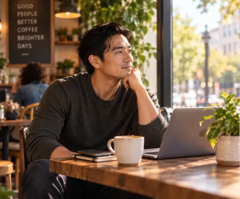 A man sitting at a laptop by a cafe window, chin resting on his hand, looking out.