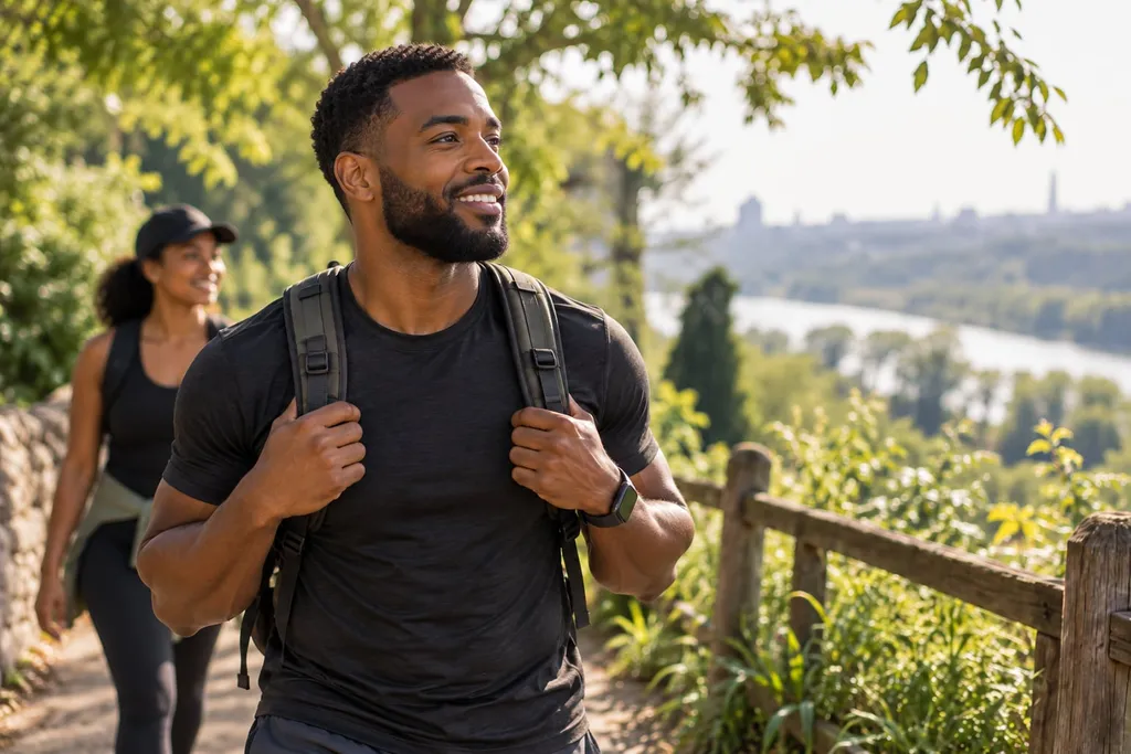 A smiling man with a backpack walking a leafy riverside trail on a sunny day, a woman walking behind him.