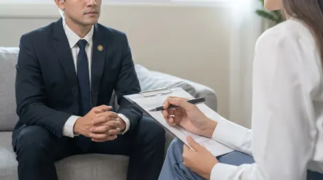 A man in a dark suit sitting with a clinician who is taking notes on a clipboard