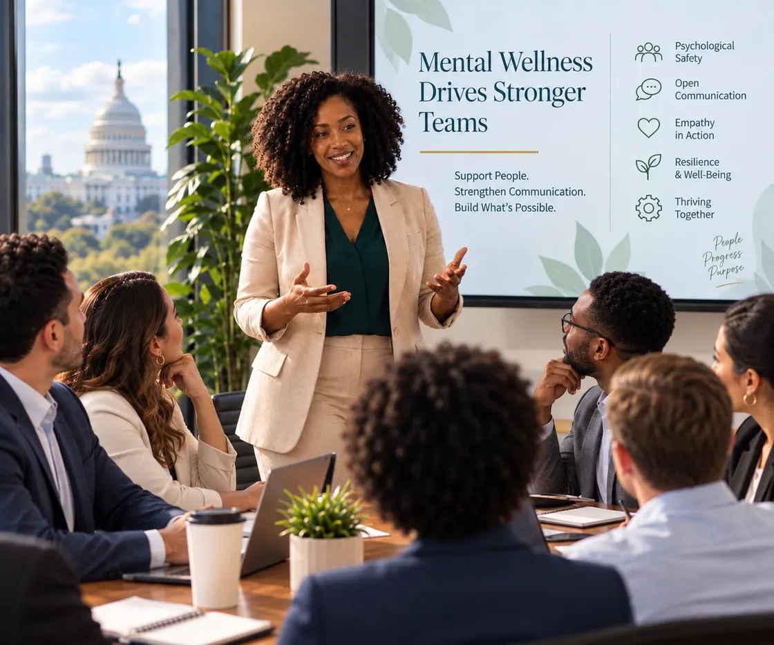 Dr. Gillon-Wright speaking to a seated boardroom audience beside a screen reading Mental Wellness Drives Stronger Teams, the Capitol dome through the window behind her