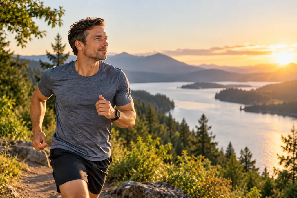 A man running along a wooded trail above a lake at sunset