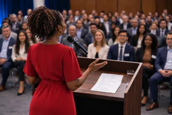 A speaker in a red dress at a wooden lectern, seen from behind, gesturing to a seated audience in business dress