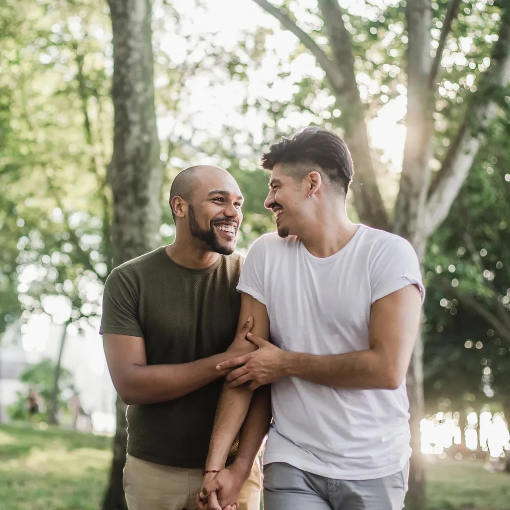 Two men standing close together outdoors under trees, laughing as they look at one another
