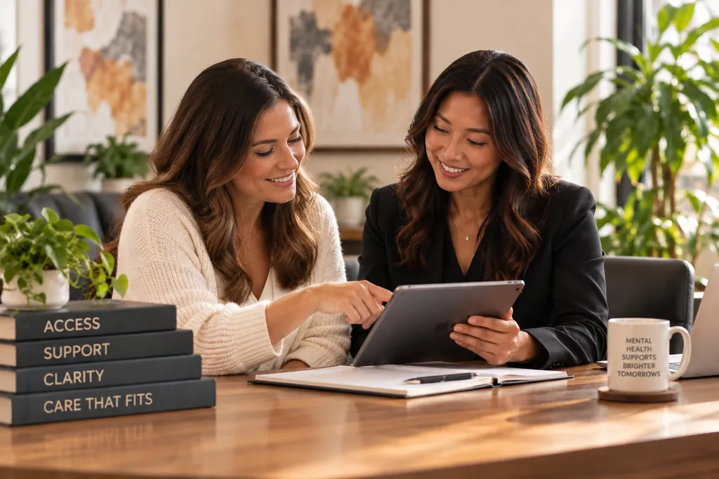 Two smiling women at a wooden desk reviewing a tablet together, a stack of books labelled Access, Support, Clarity and Care That Fits beside them