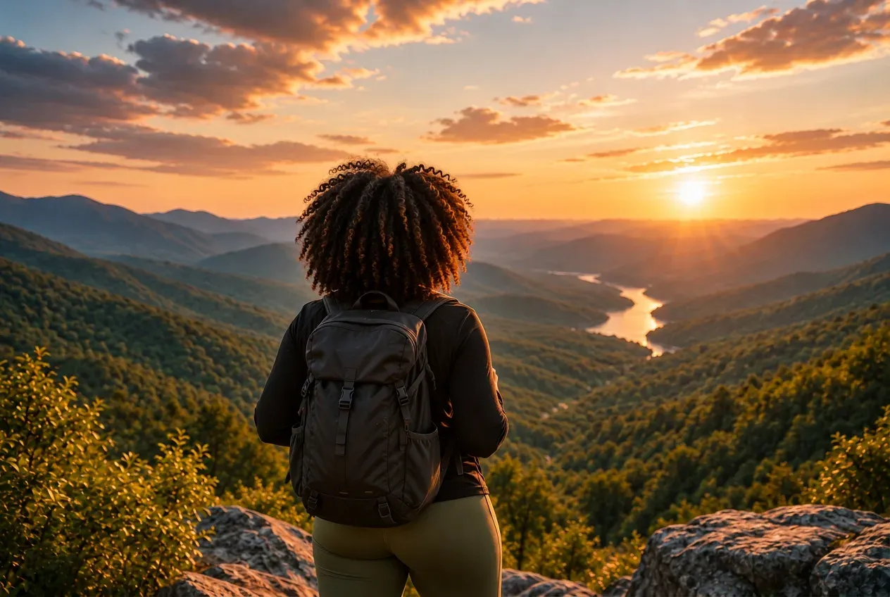 A woman with a backpack overlooking a mountain valley at sunset