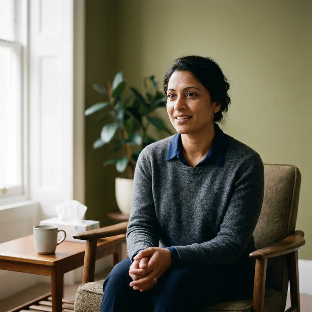 A woman in a grey knit sweater sitting in a consulting room by a window