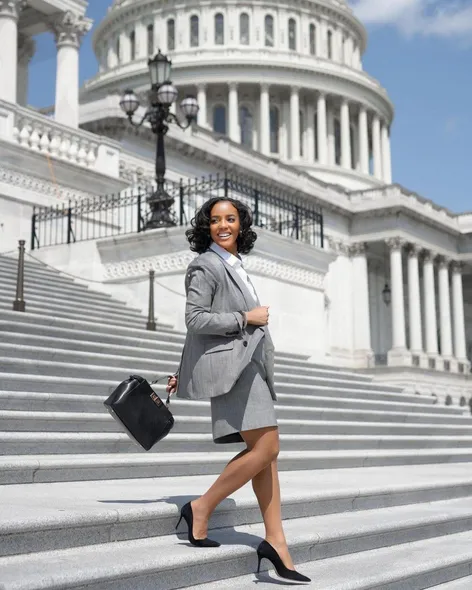 A woman in a grey suit smiling as she walks down the steps of the United States Capitol