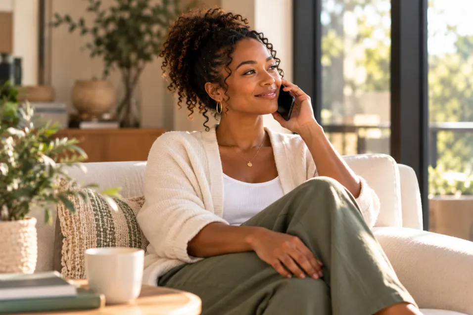 A smiling woman talking on her phone, relaxing on a cream sofa in a sunlit living room