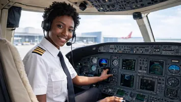 A Black woman pilot in uniform and headset smiling from the flight deck of an airliner, her hand on the throttle