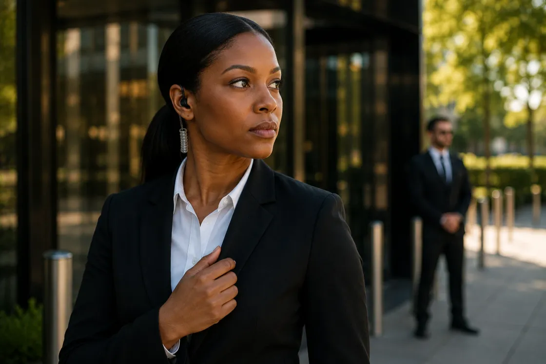 A woman security professional in a black suit and white shirt, a coiled earpiece at her ear, looking aside outside a glass building while a suited colleague stands guard behind her